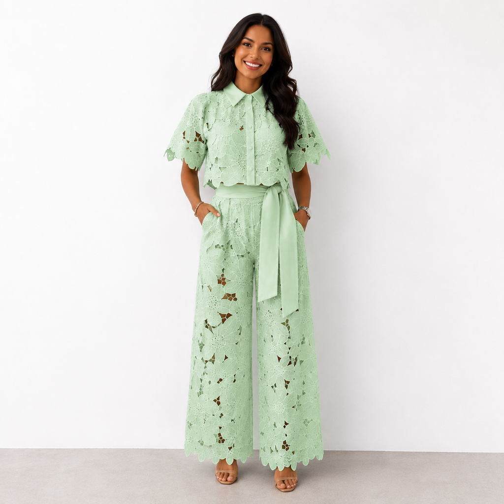 Women's Two-Piece Set in Floral Lace – Collared Blouse & Wide-Leg Pants