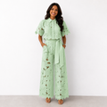 Women's Two-Piece Set in Floral Lace – Collared Blouse & Wide-Leg Pants