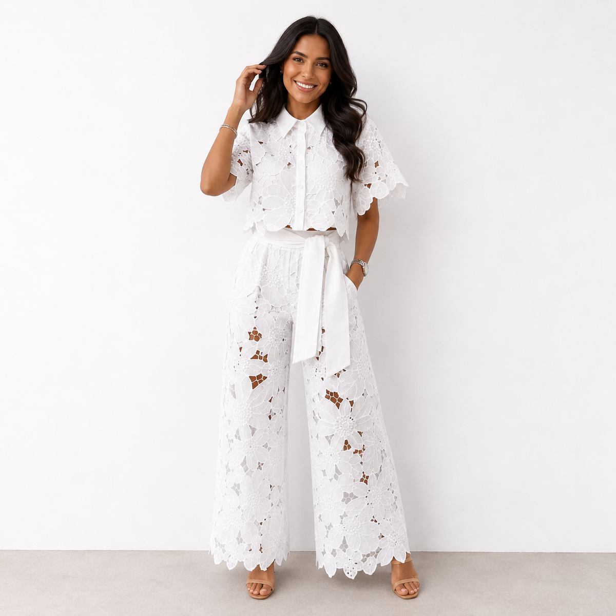 Women's Two-Piece Set in Floral Lace – Collared Blouse & Wide-Leg Pants