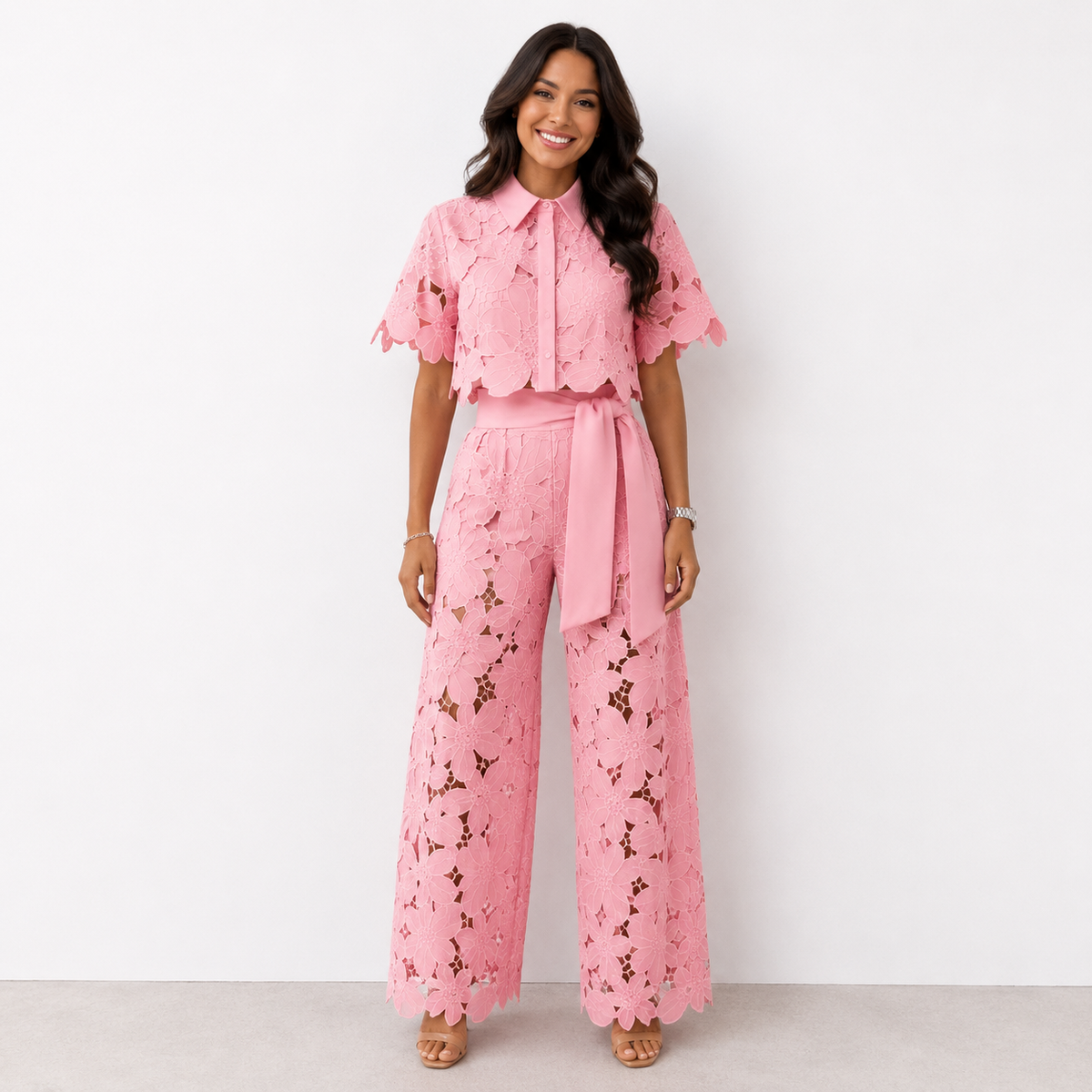 Women's Two-Piece Set in Floral Lace – Collared Blouse & Wide-Leg Pants