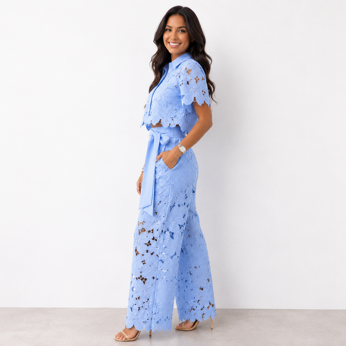 Women's Two-Piece Set in Floral Lace – Collared Blouse & Wide-Leg Pants