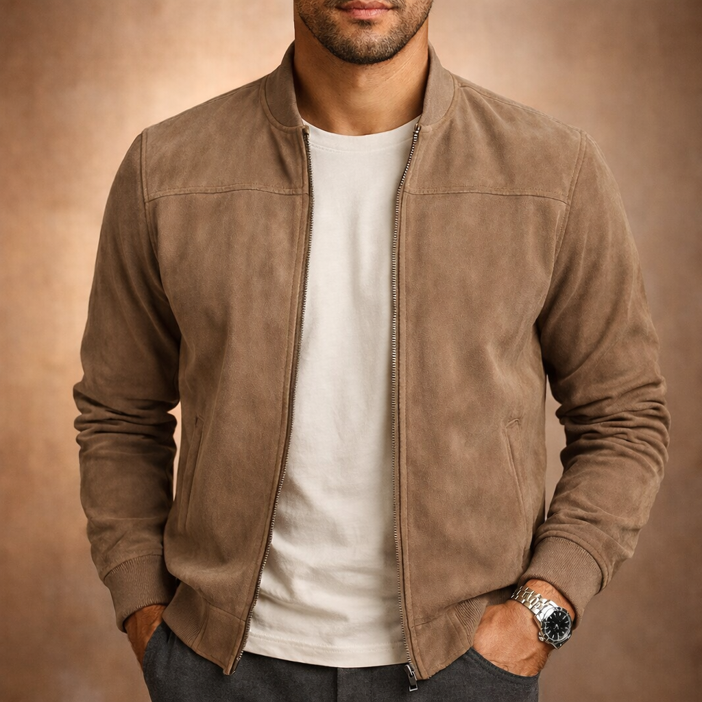 Men’s Suede-Effect Bomber Jacket – Zip Fastening Structured Cut Ribbed Collar