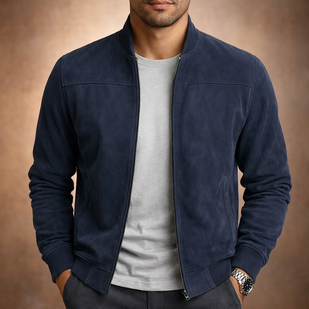Men’s Suede-Effect Bomber Jacket – Zip Fastening Structured Cut Ribbed Collar
