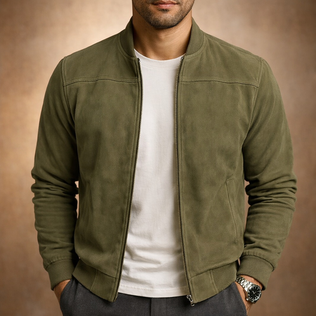 Men’s Suede-Effect Bomber Jacket – Zip Fastening Structured Cut Ribbed Collar