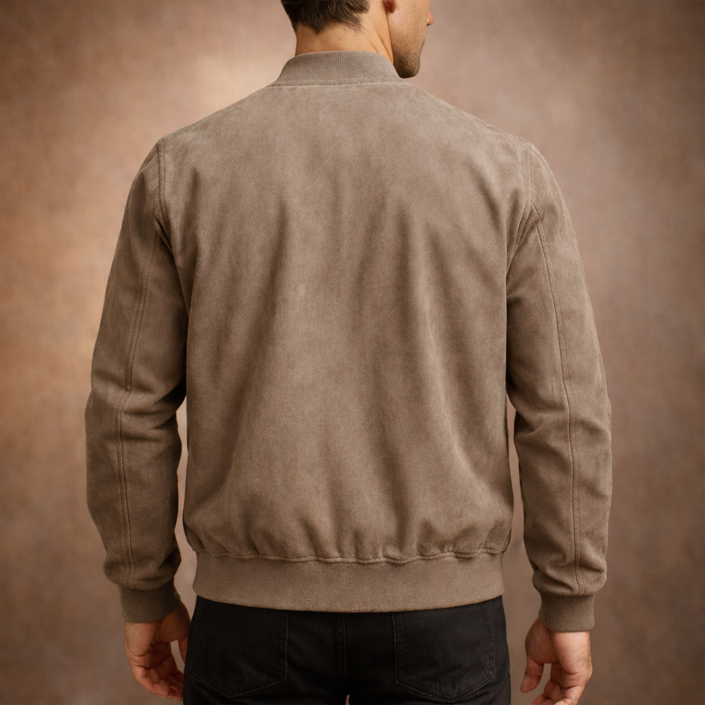 Men’s Suede-Effect Bomber Jacket – Zip Fastening Structured Cut Ribbed Collar