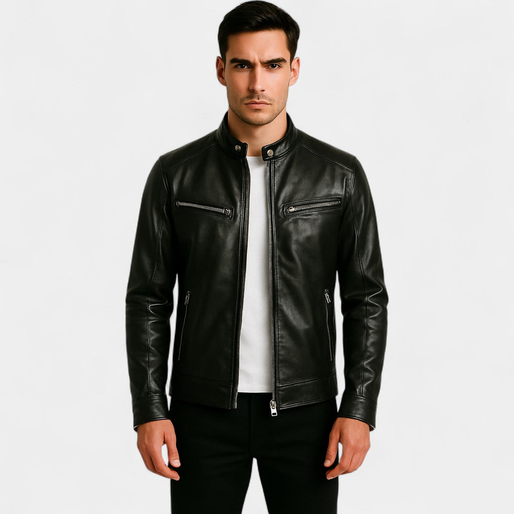 Men's slim biker leather jacket - classic minimalist streetwear
