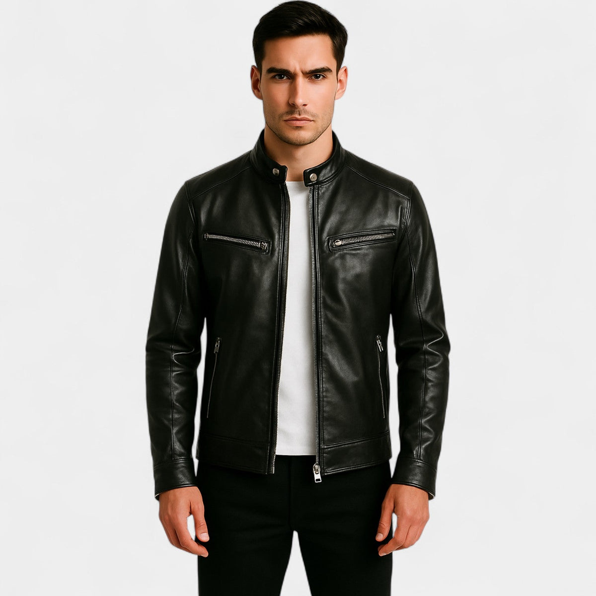 Men's slim biker leather jacket - classic minimalist streetwear