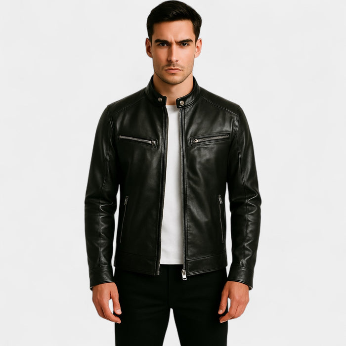 Men's slim biker leather jacket - classic minimalist streetwear