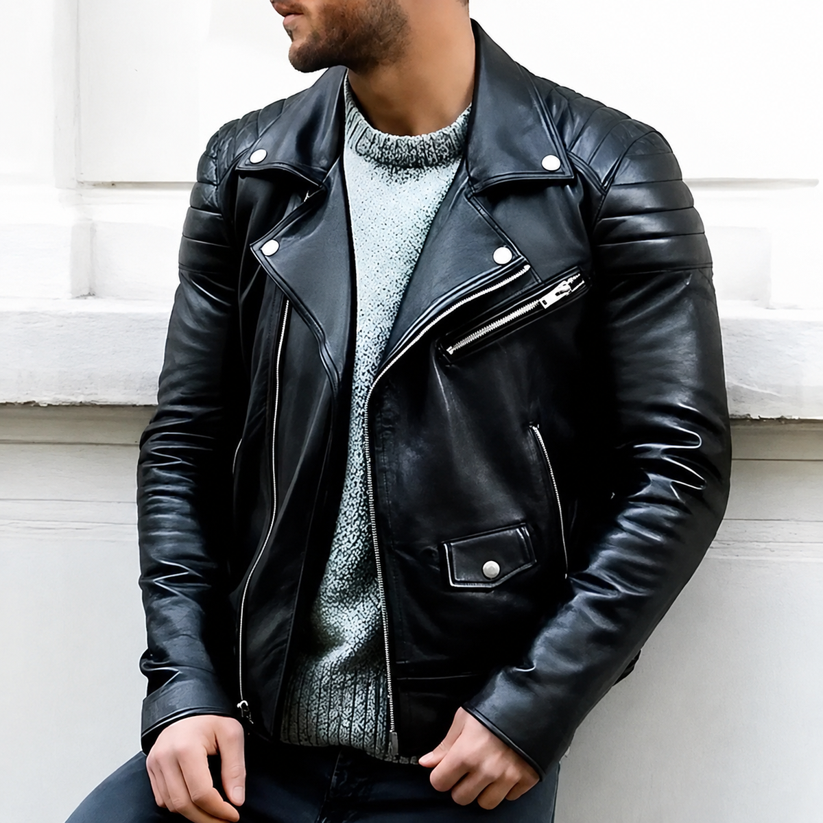 Men's Faux Leather Biker Jacket – Stand Collar, Zip Closure, Relaxed Fit