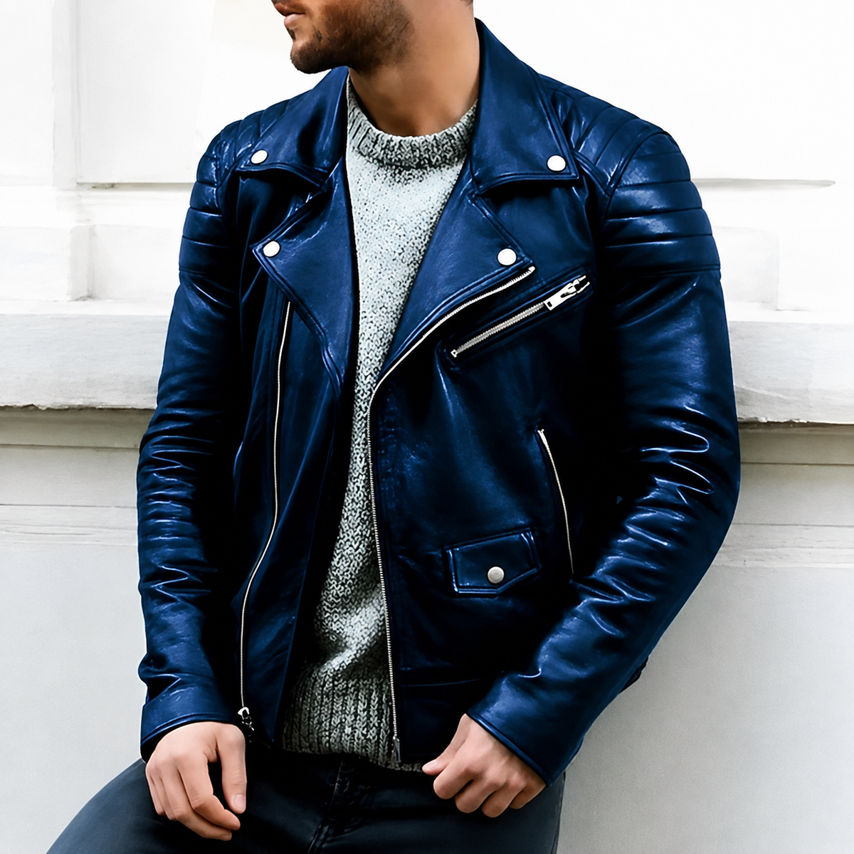 Men's Faux Leather Biker Jacket – Stand Collar, Zip Closure, Relaxed Fit