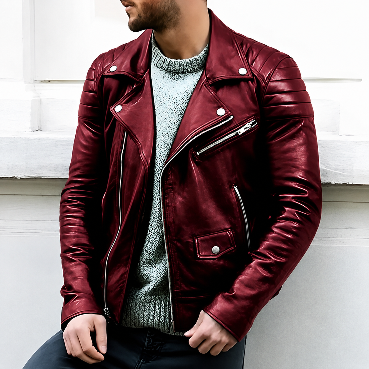 Men's Faux Leather Biker Jacket – Stand Collar, Zip Closure, Relaxed Fit
