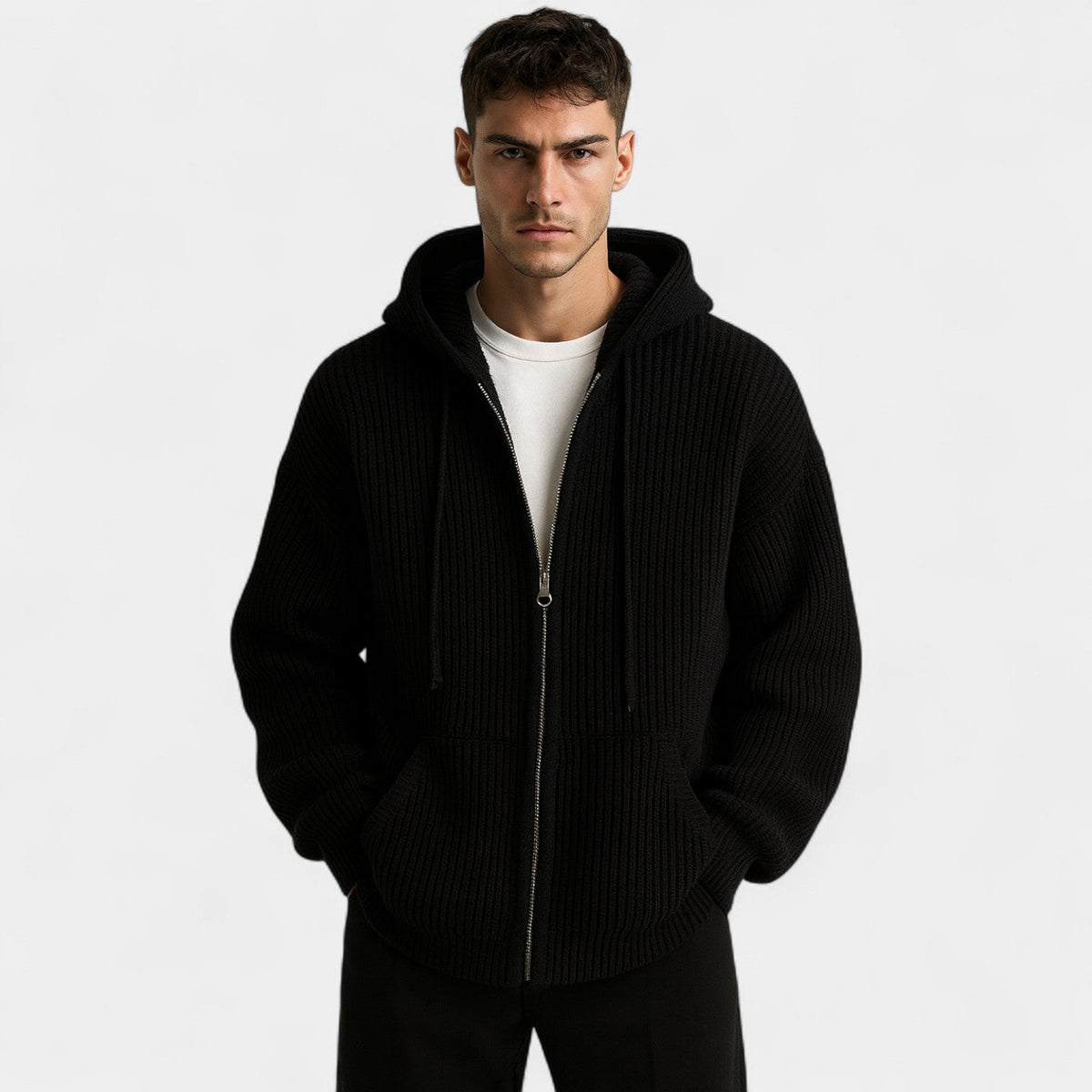 Men’s knitted hooded zip gilet – refined relaxed elegance
