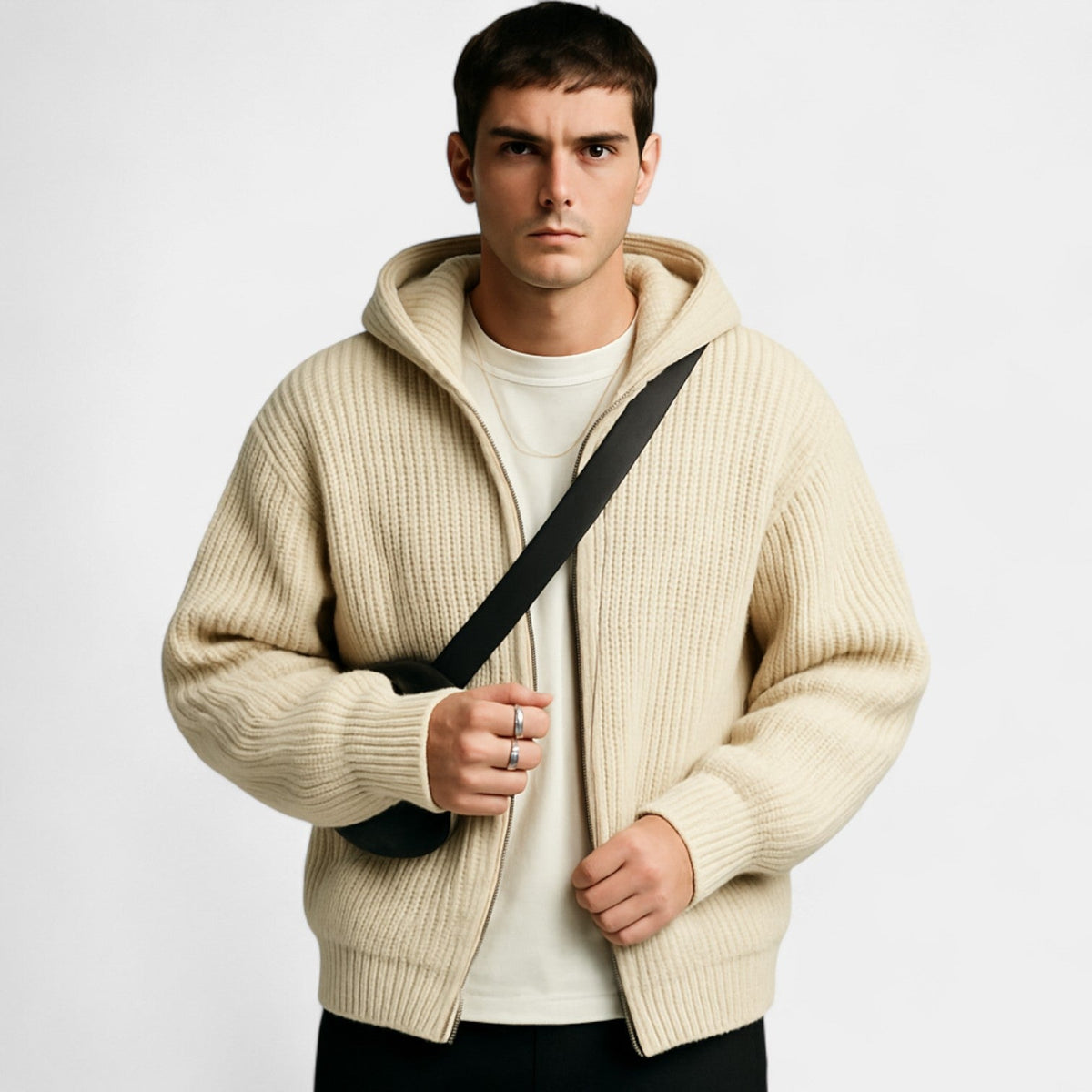 Men’s knitted hooded zip gilet – refined relaxed elegance