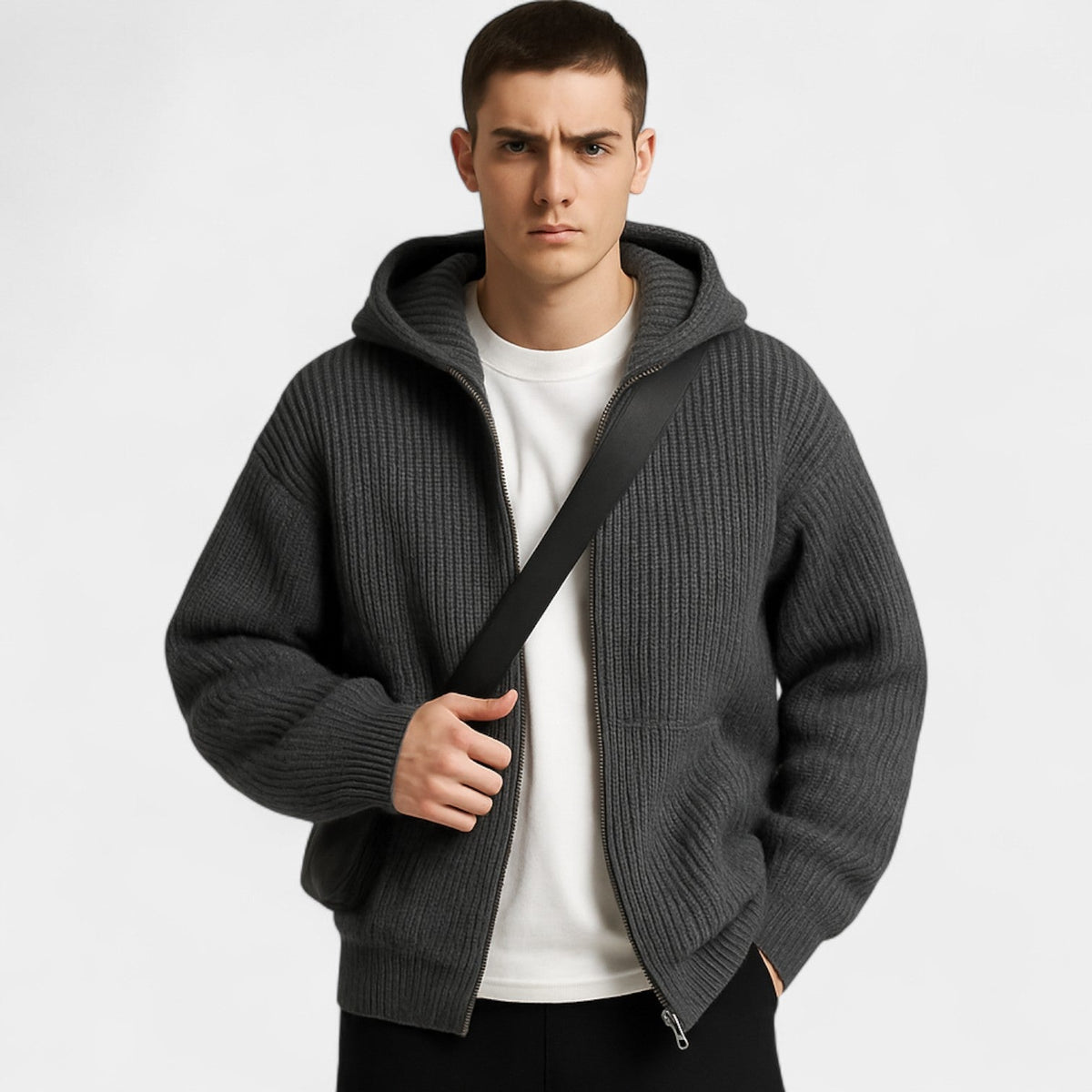 Men’s knitted hooded zip gilet – refined relaxed elegance