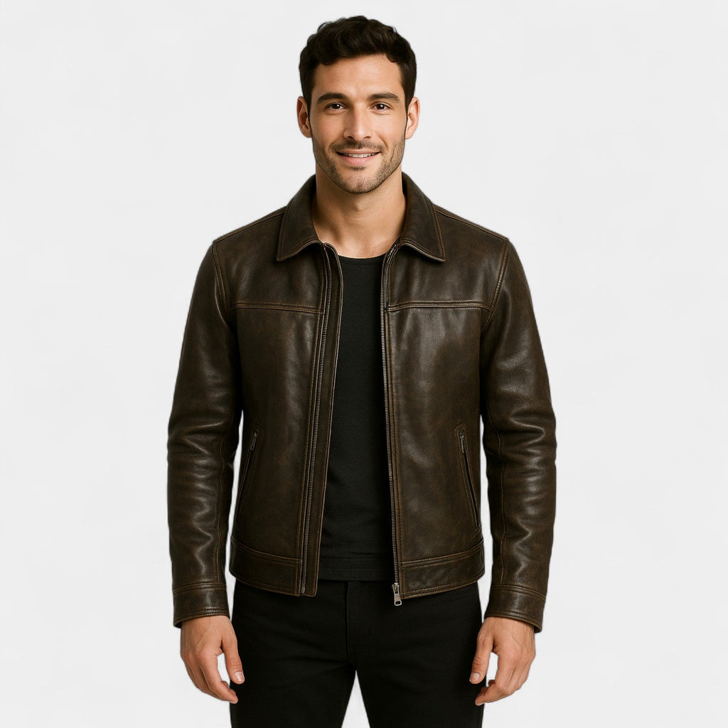 Men's vintage matte cowhide leather jacket – refined, bold, everyday silhouette