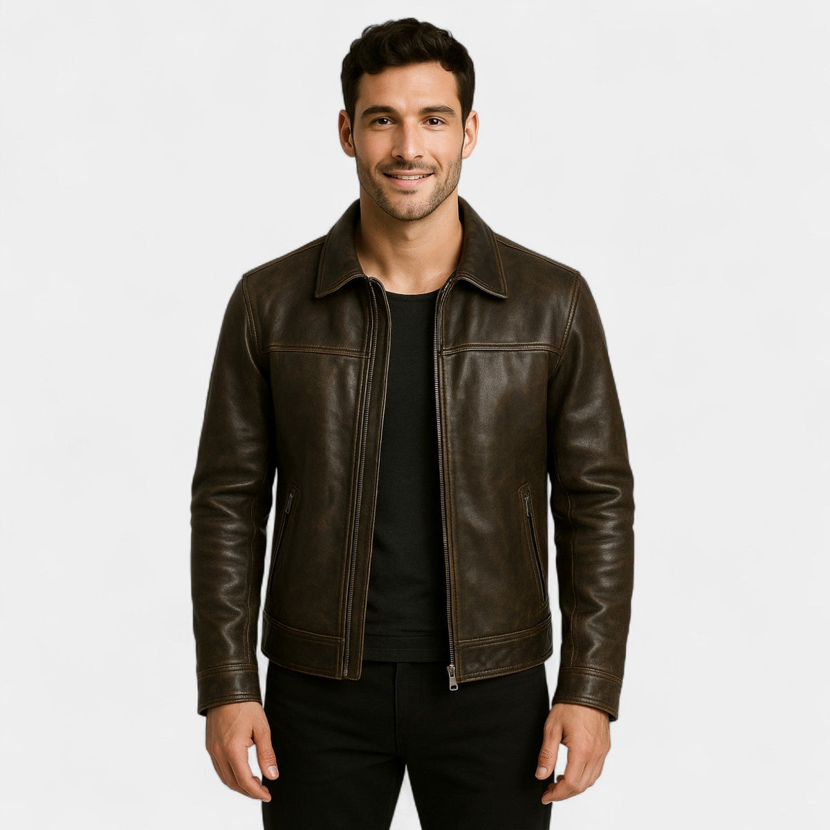 Men's vintage matte cowhide leather jacket – refined, bold, everyday silhouette