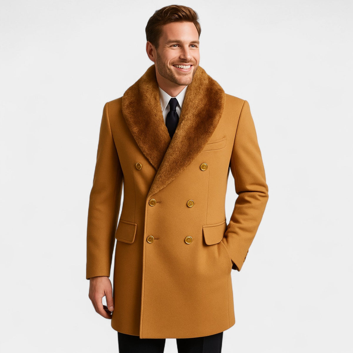 Men's mid-length polo collar wool jacket – refined, fitted, winter silhouette