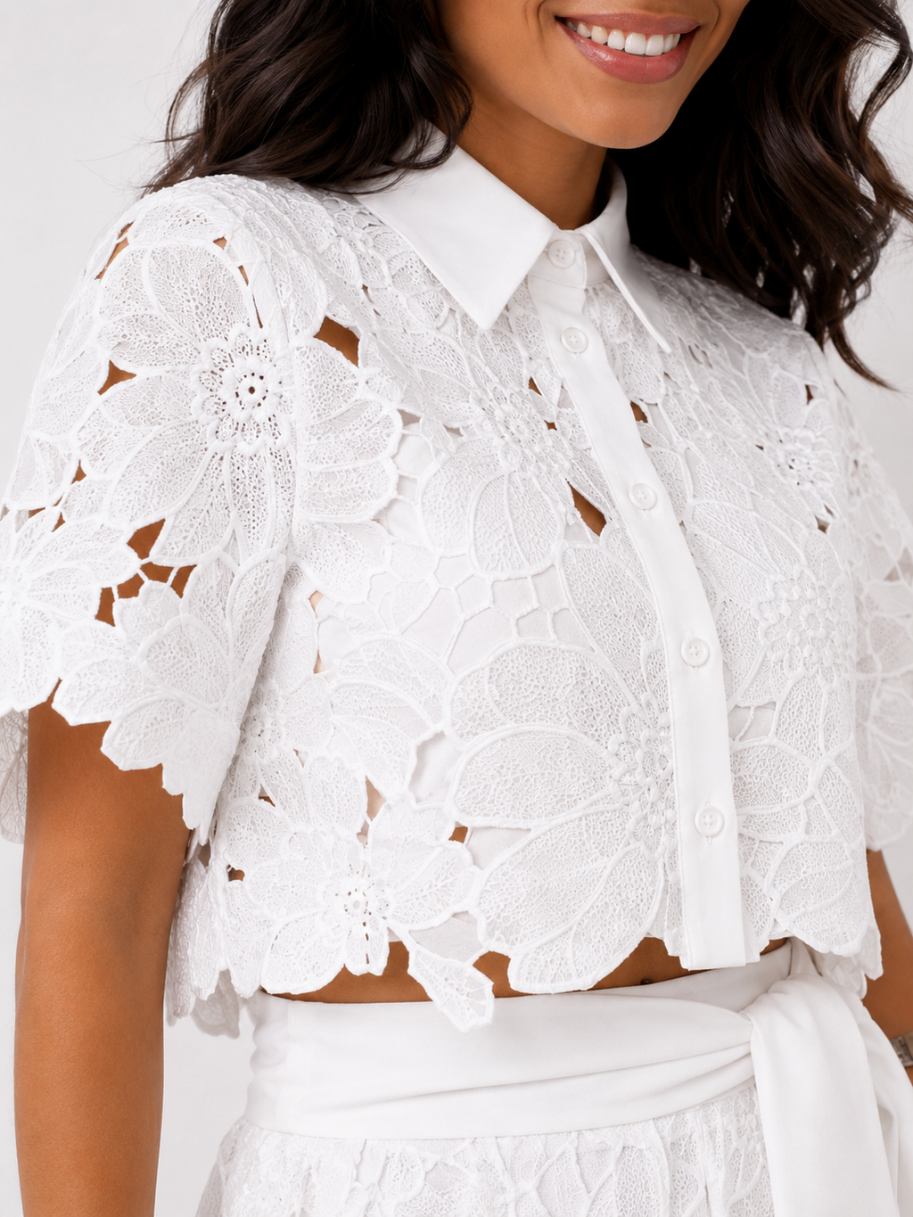 Women's Two-Piece Set in Floral Lace – Collared Blouse & Wide-Leg Pants