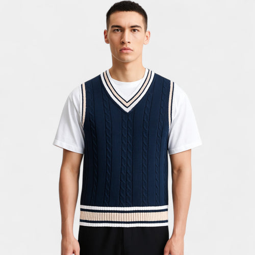 Men’s cable-knit V-neck sleeveless cardigan – timeless relaxed luxury