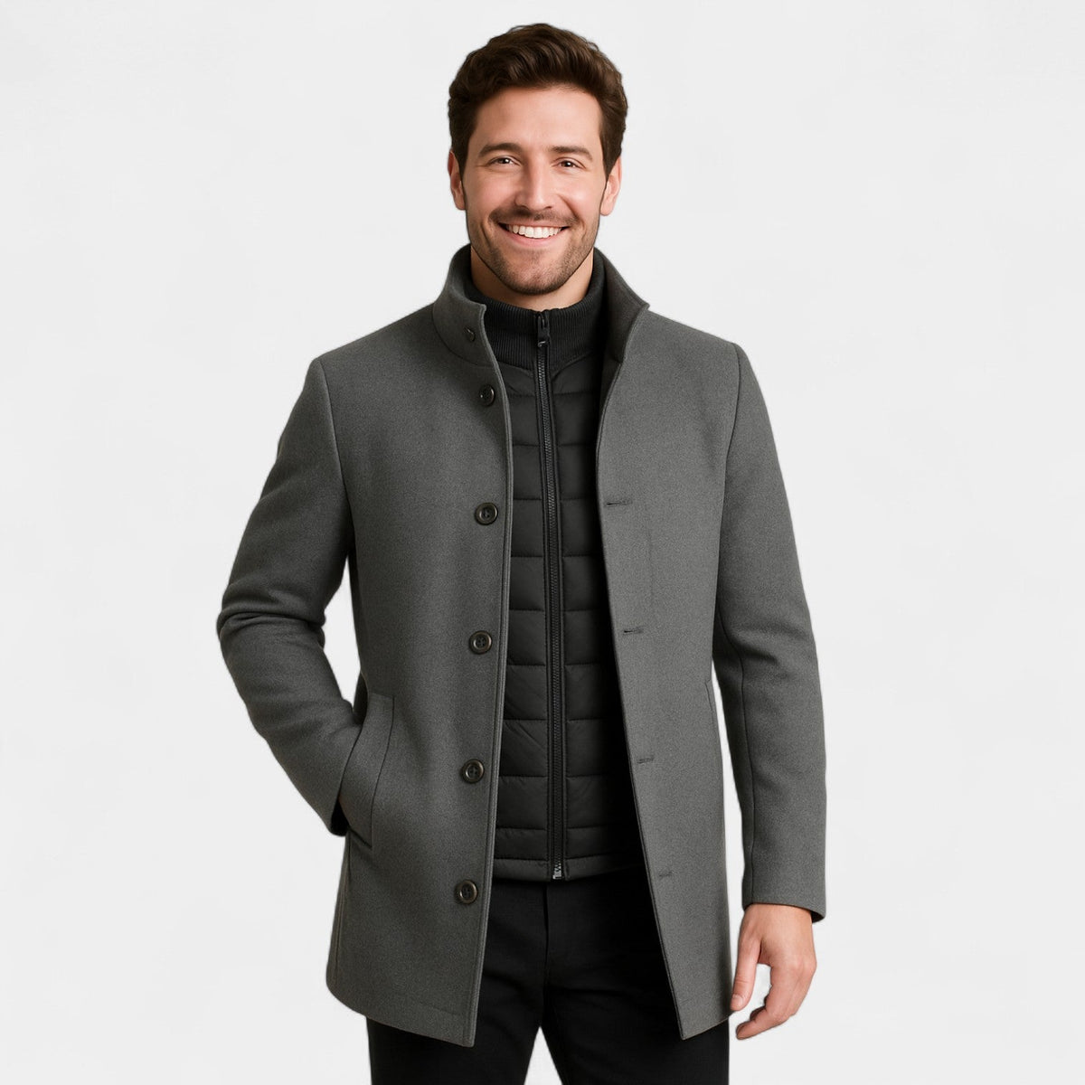 Men's Technical-Blend Trench Parka Coat – Stand Collar with Removable Gilet
