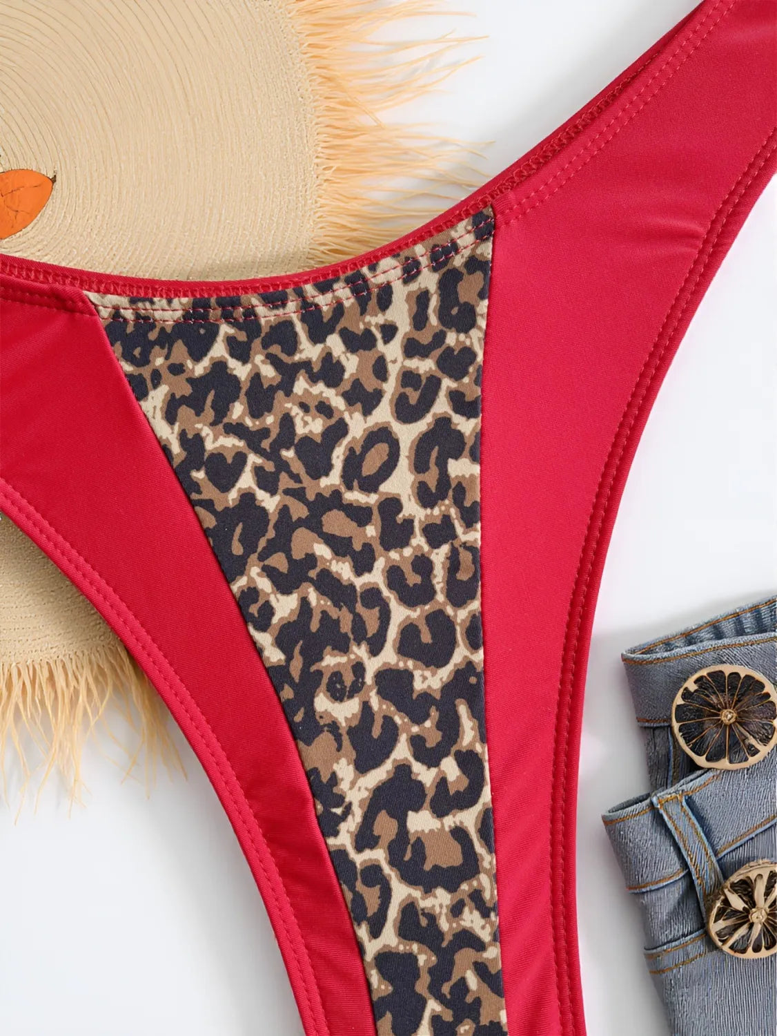 Women's Triangle Bikini – Leopard Print and Red Colorblock