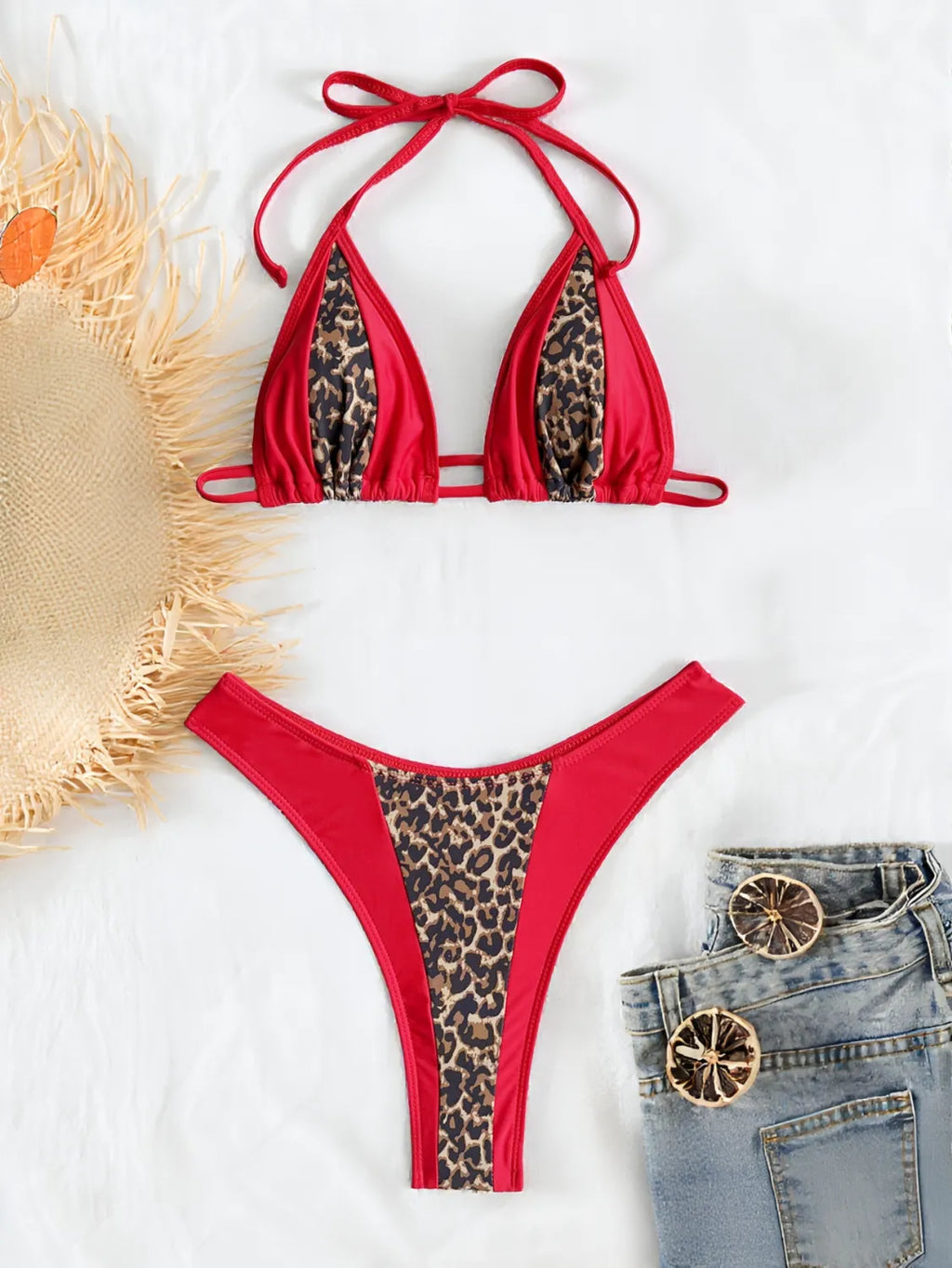 Women's Triangle Bikini – Leopard Print and Red Colorblock