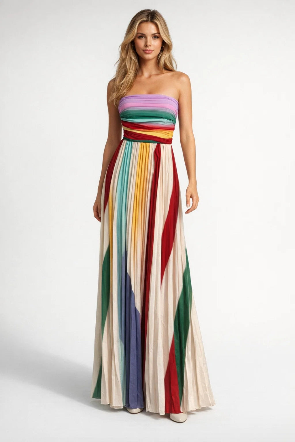 Women's Long Strapless Dress – Vertical Multicolored Stripes