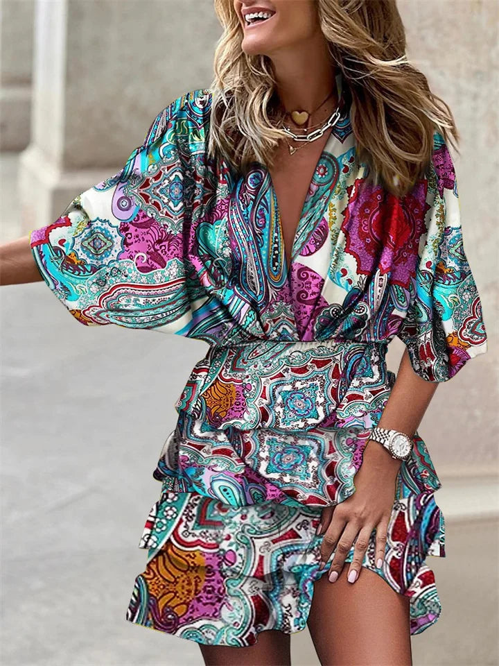 Women's Lightweight Ruffled Mini Dress – V-Neck Defined Waist Fluid Cut