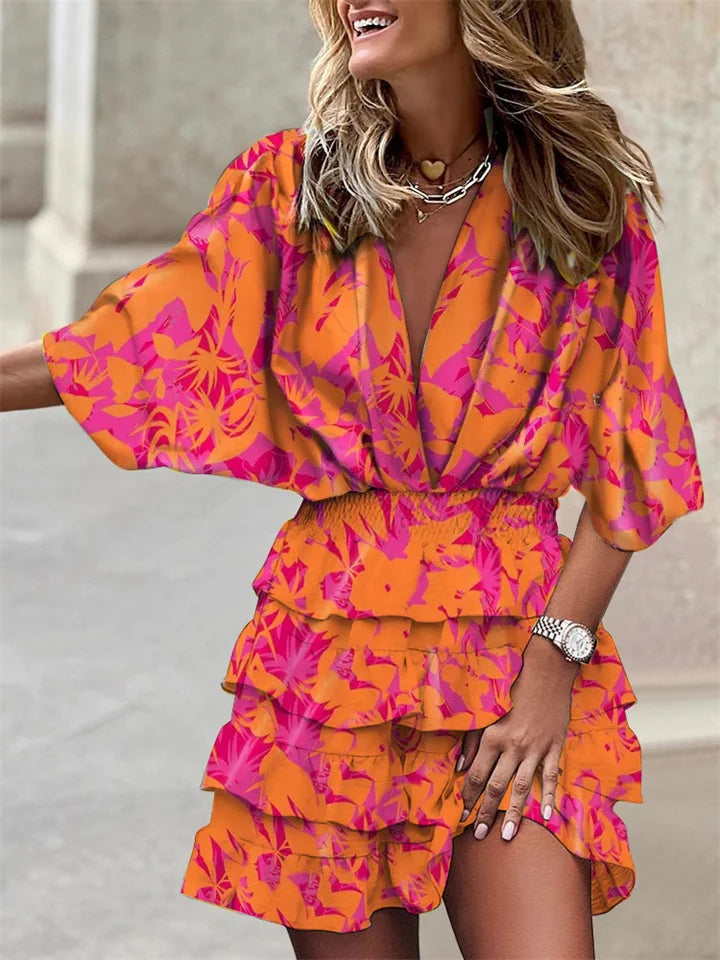 Women's Lightweight Ruffled Mini Dress – V-Neck Defined Waist Fluid Cut