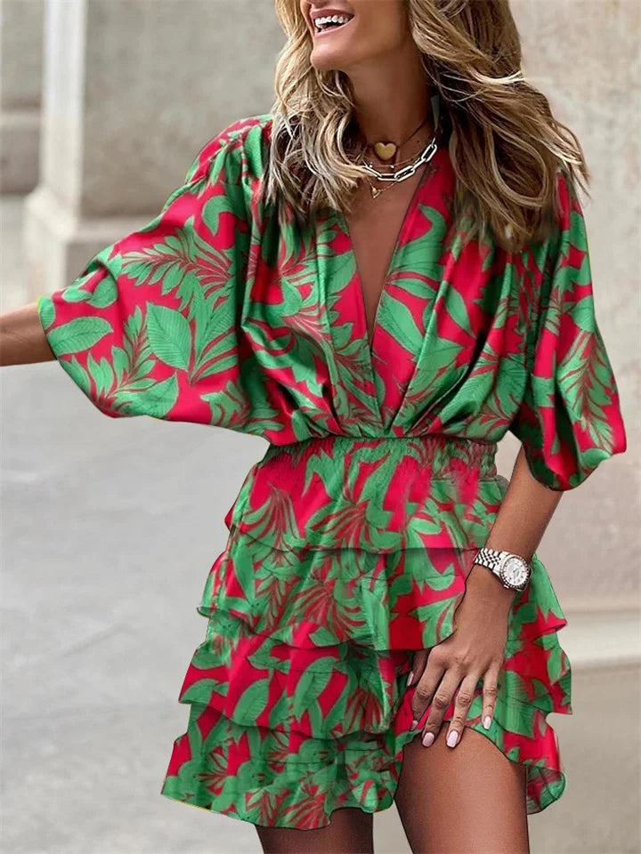 Women's Lightweight Ruffled Mini Dress – V-Neck Defined Waist Fluid Cut