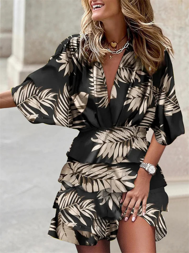 Women's Lightweight Ruffled Mini Dress – V-Neck Defined Waist Fluid Cut