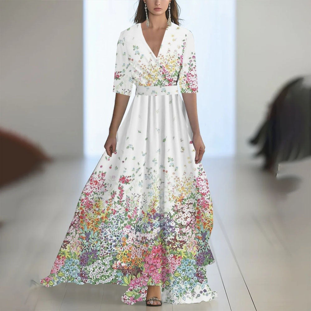 Women's floral maxi dress – V-neck fitted waist