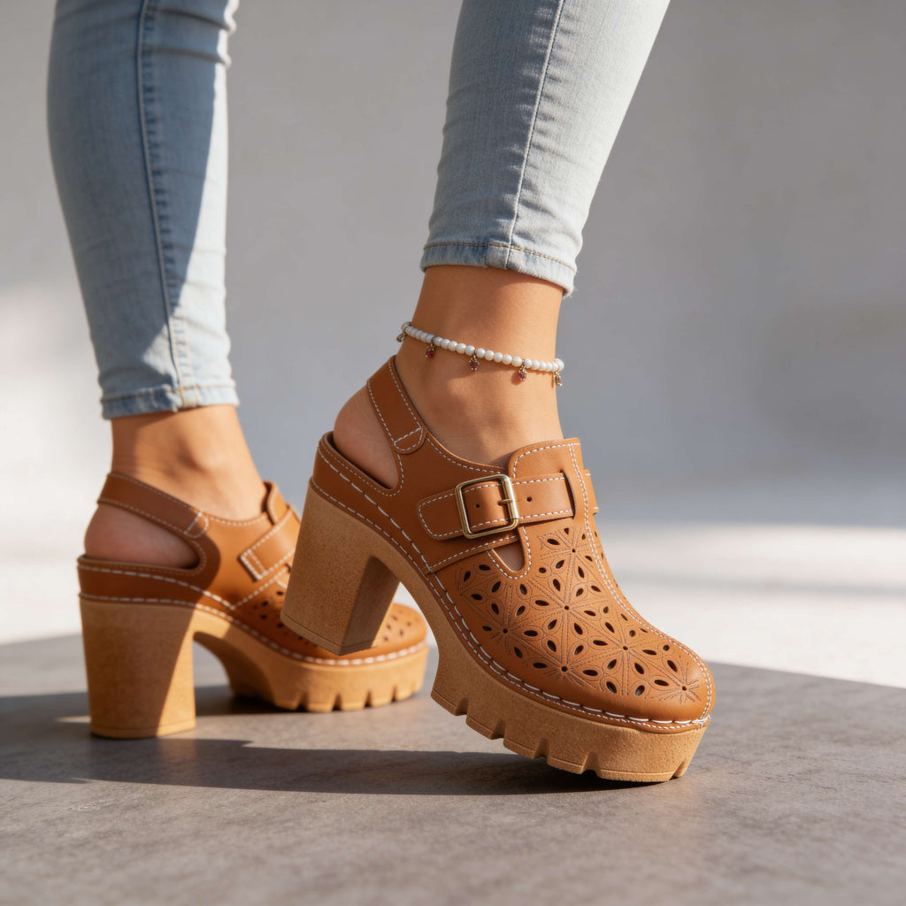 Women's Platform Clogs – Block Heel and Floral Perforated Sole