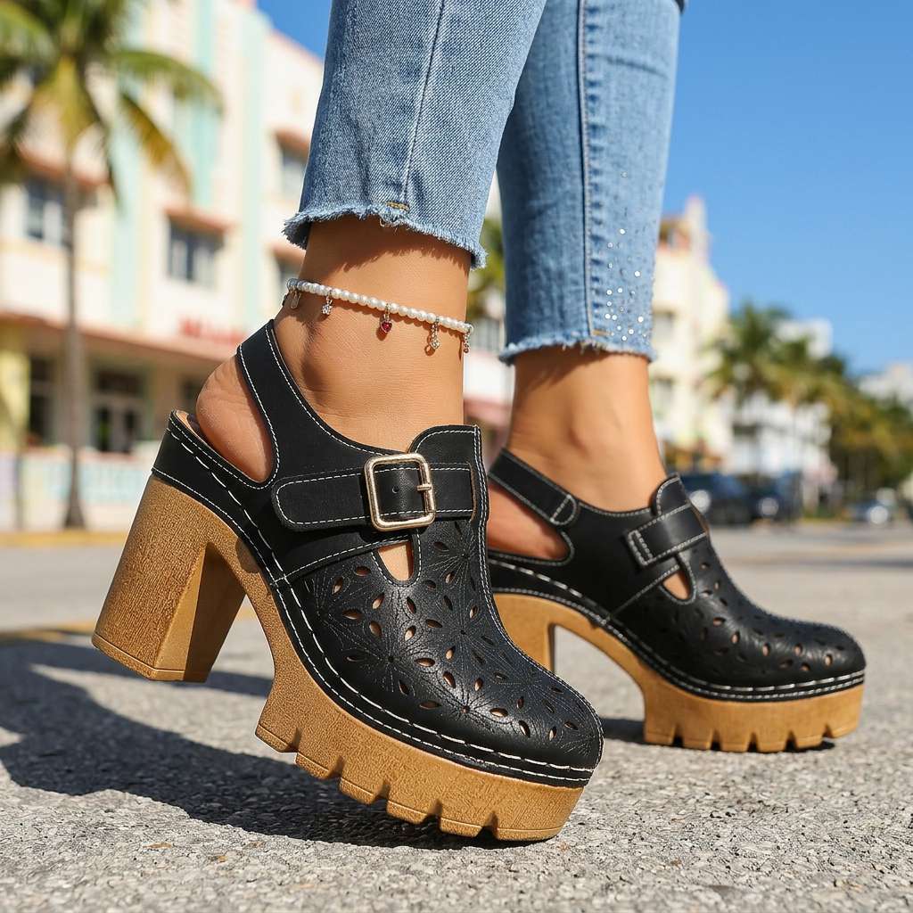 Women's Platform Clogs – Block Heel and Floral Perforated Sole