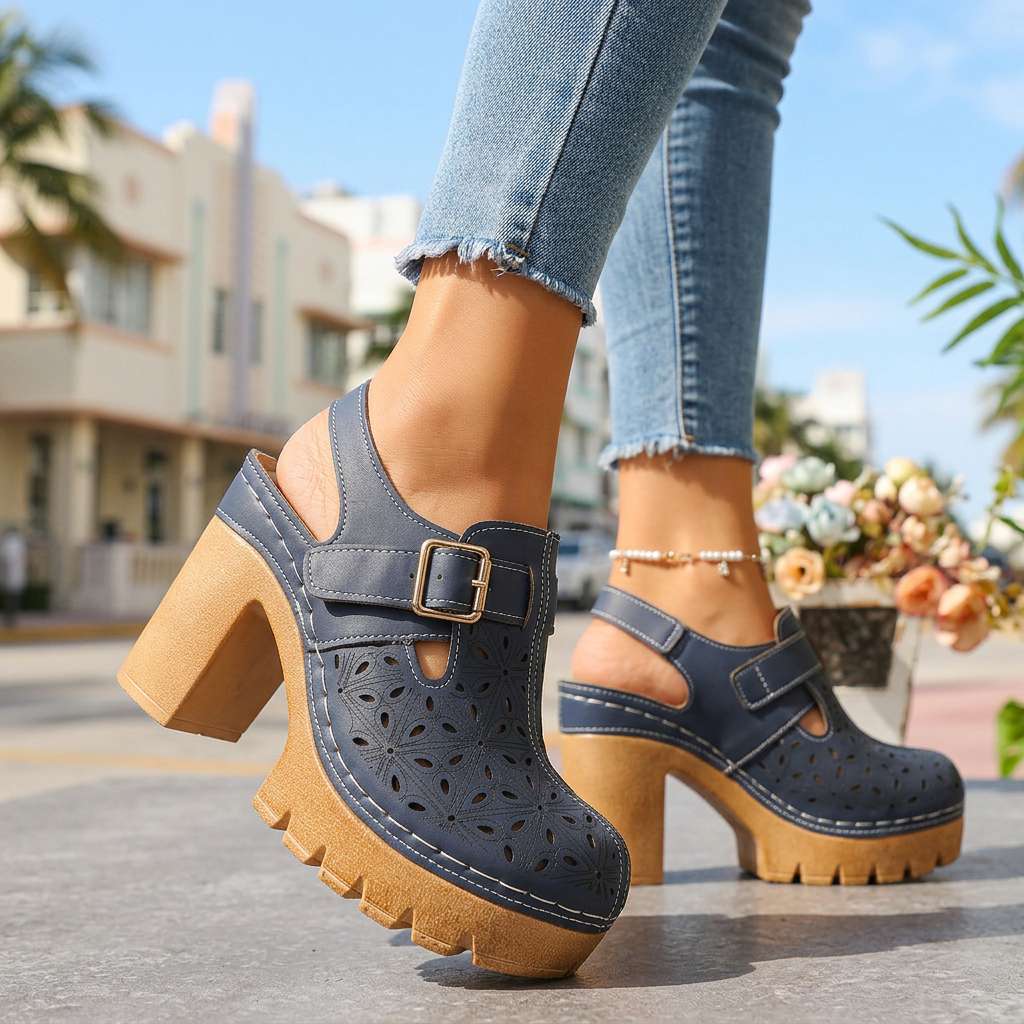 Women's Platform Clogs – Block Heel and Floral Perforated Sole