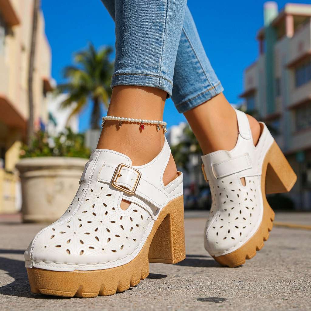 Women's Platform Clogs – Block Heel and Floral Perforated Sole