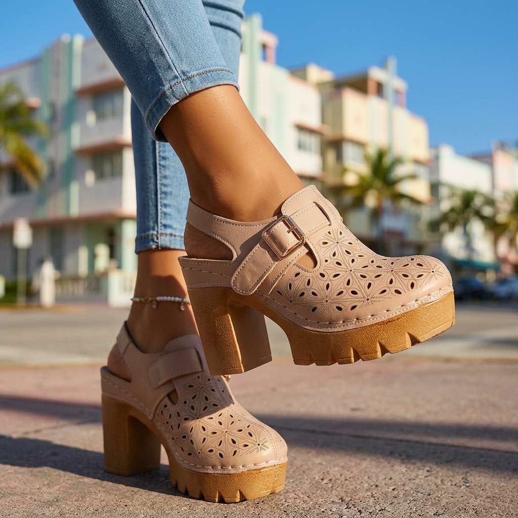 Women's Platform Clogs – Block Heel and Floral Perforated Sole