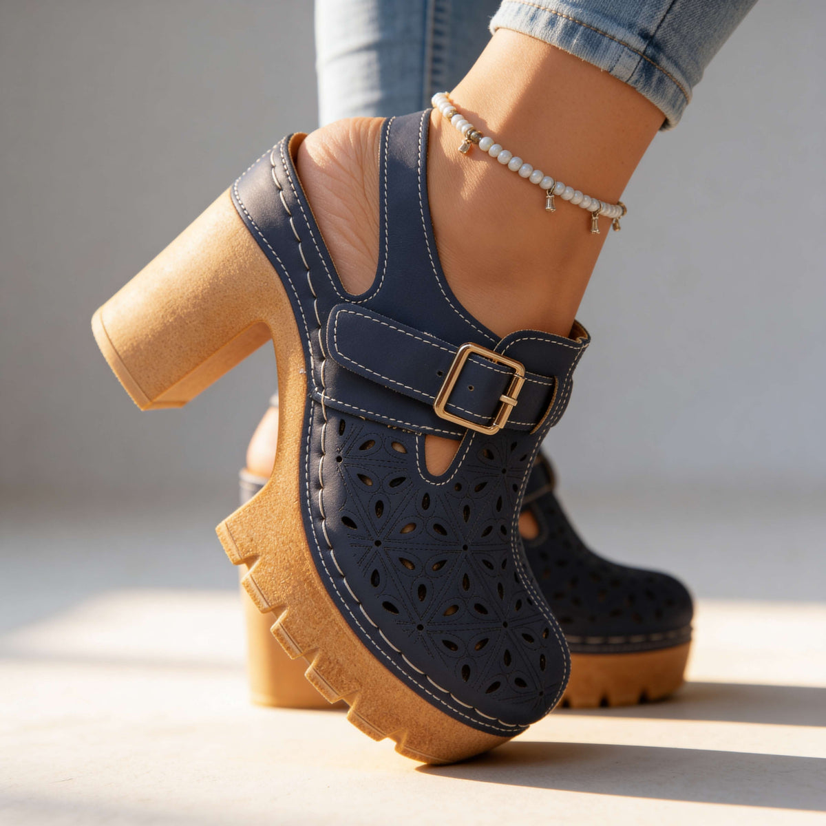 Women's Platform Clogs – Block Heel and Floral Perforated Sole