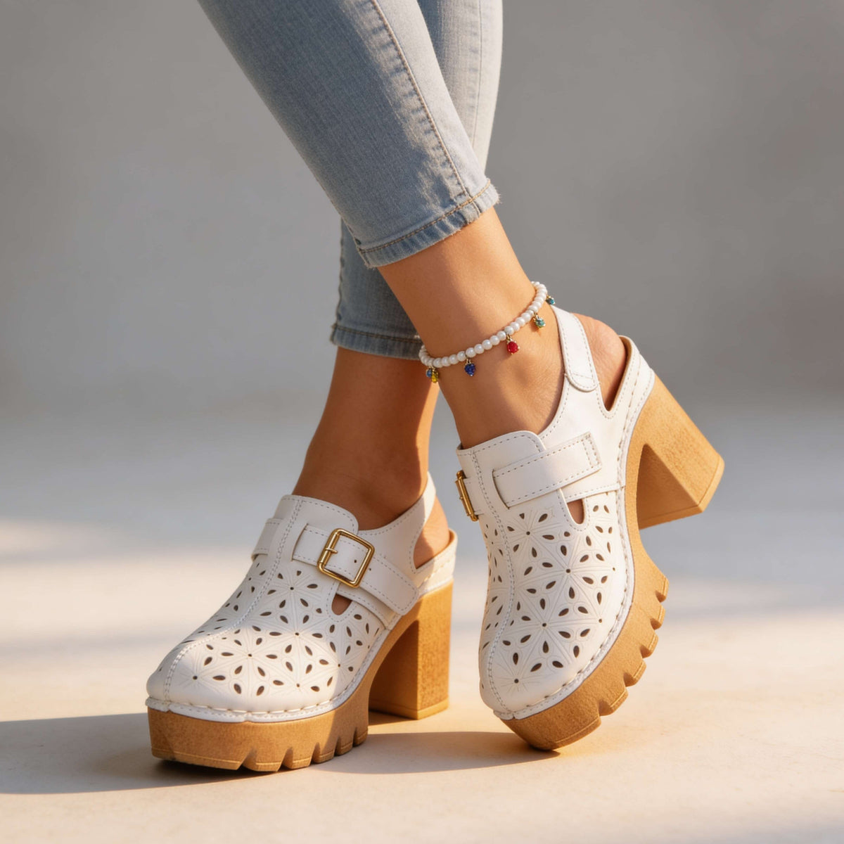 Women's Platform Clogs – Block Heel and Floral Perforated Sole