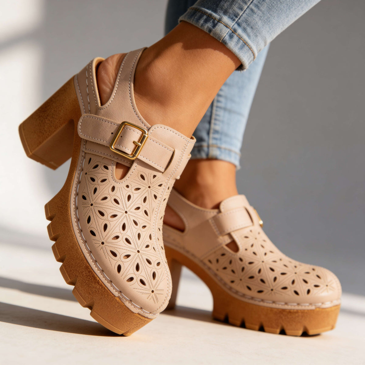 Women's Platform Clogs – Block Heel and Floral Perforated Sole