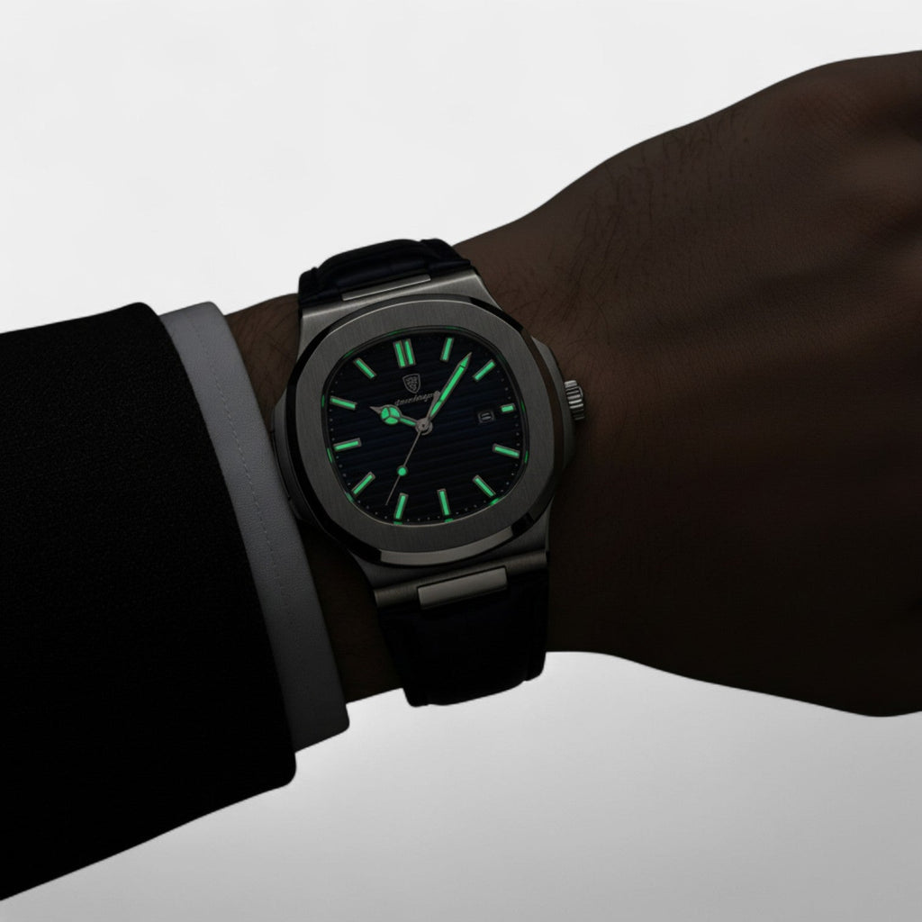 Men's Blue Leather Strap Watch – Luminous and Waterproof Quartz 40 mm