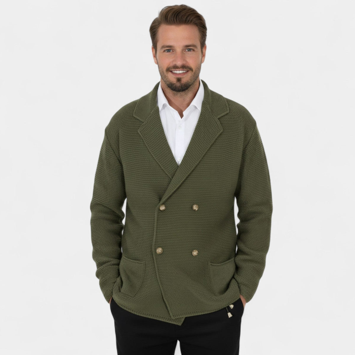 Men's Double-Breasted Knit Cardigan – Tailored Fit with Lapel Collar