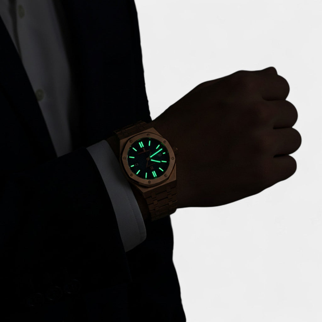Men's Rose Gold Stainless Steel Watch – Luminous Quartz Waterproof 42 mm