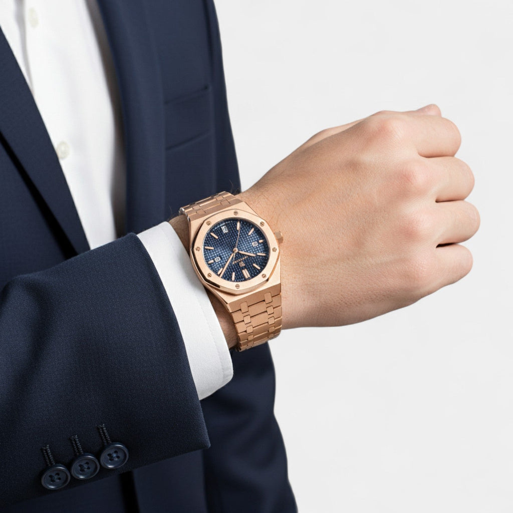Men's Rose Gold Stainless Steel Watch – Luminous Quartz Waterproof 42 mm
