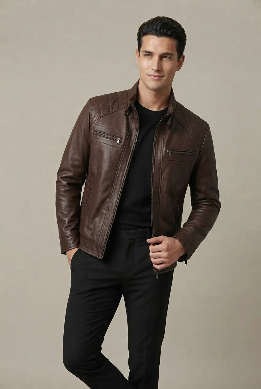 Men's Stand-Collar Jacket – Zipper Closure with Faux-Leather Finish