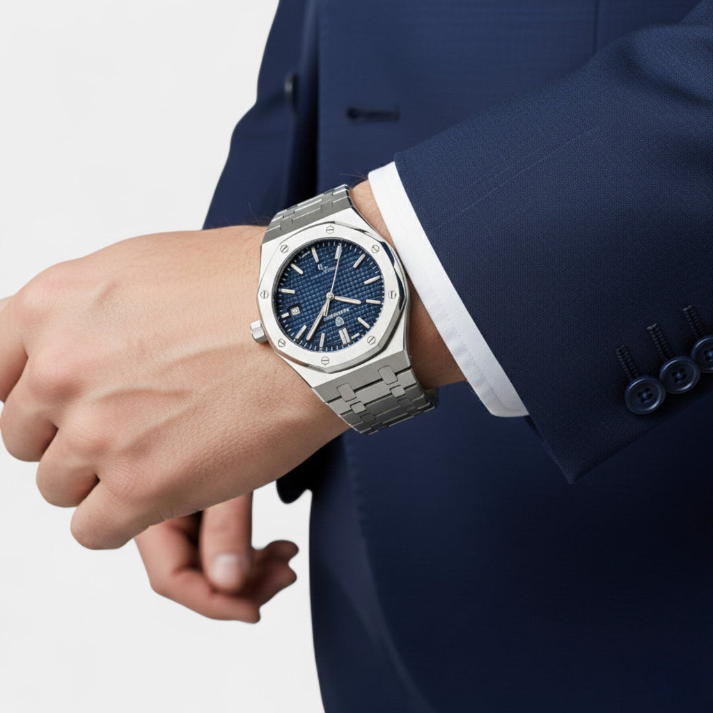 Men's Silver Stainless Steel Watch – Luminous Quartz Waterproof 42 mm