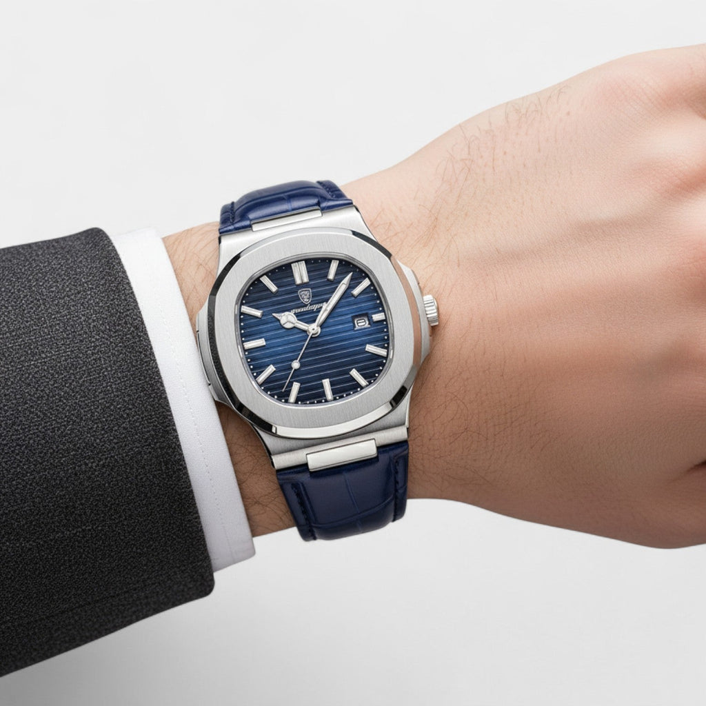 Men's Blue Leather Strap Watch – Luminous and Waterproof Quartz 40 mm