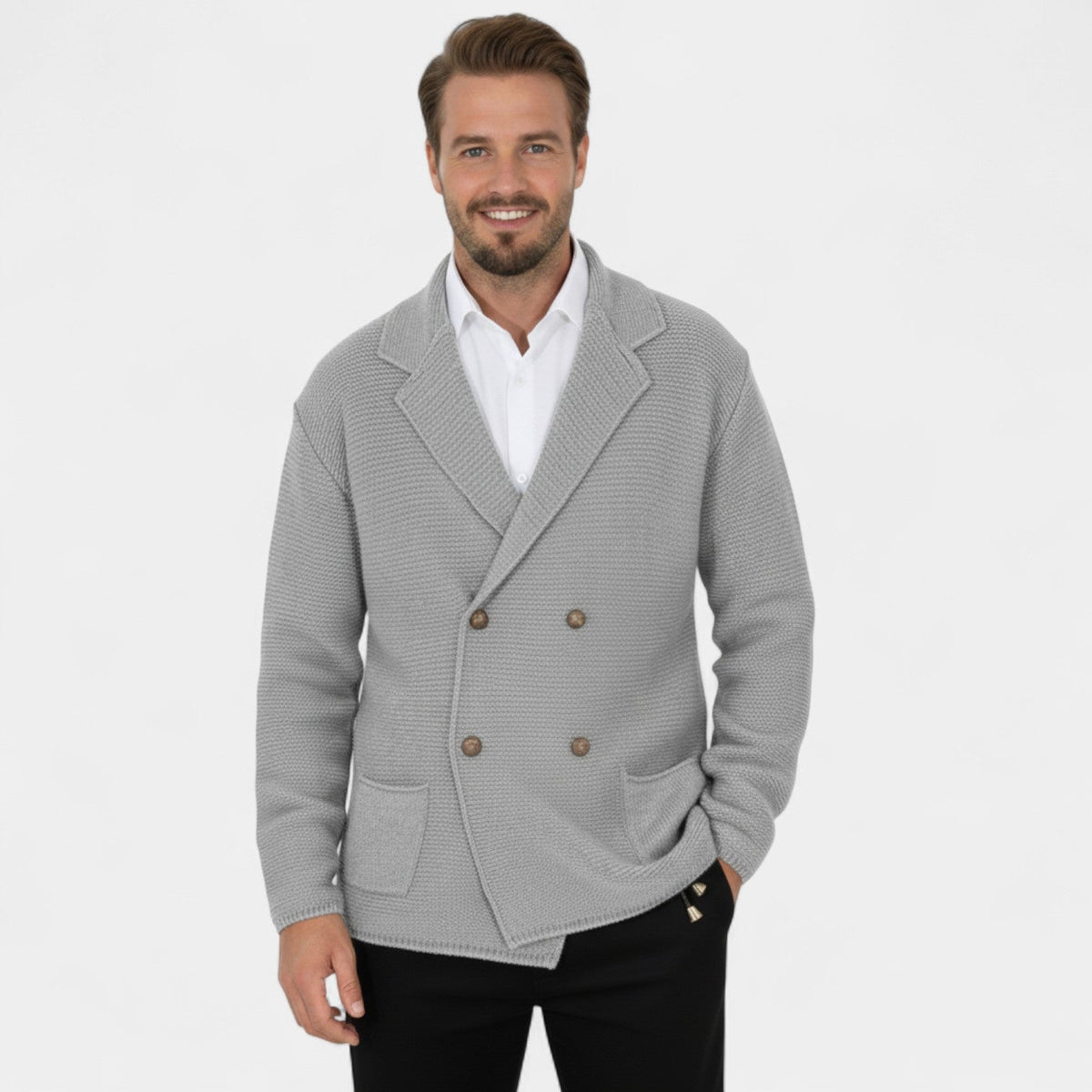 Men's Double-Breasted Knit Cardigan – Tailored Fit with Lapel Collar