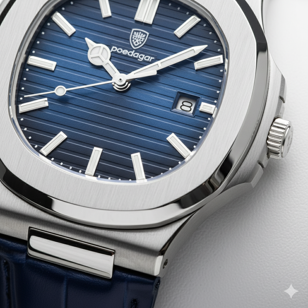 Men's Blue Leather Strap Watch – Luminous and Waterproof Quartz 40 mm