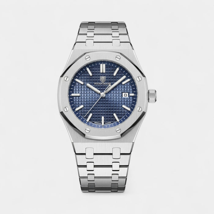 Men's Silver Stainless Steel Watch – Luminous Quartz Waterproof 42 mm